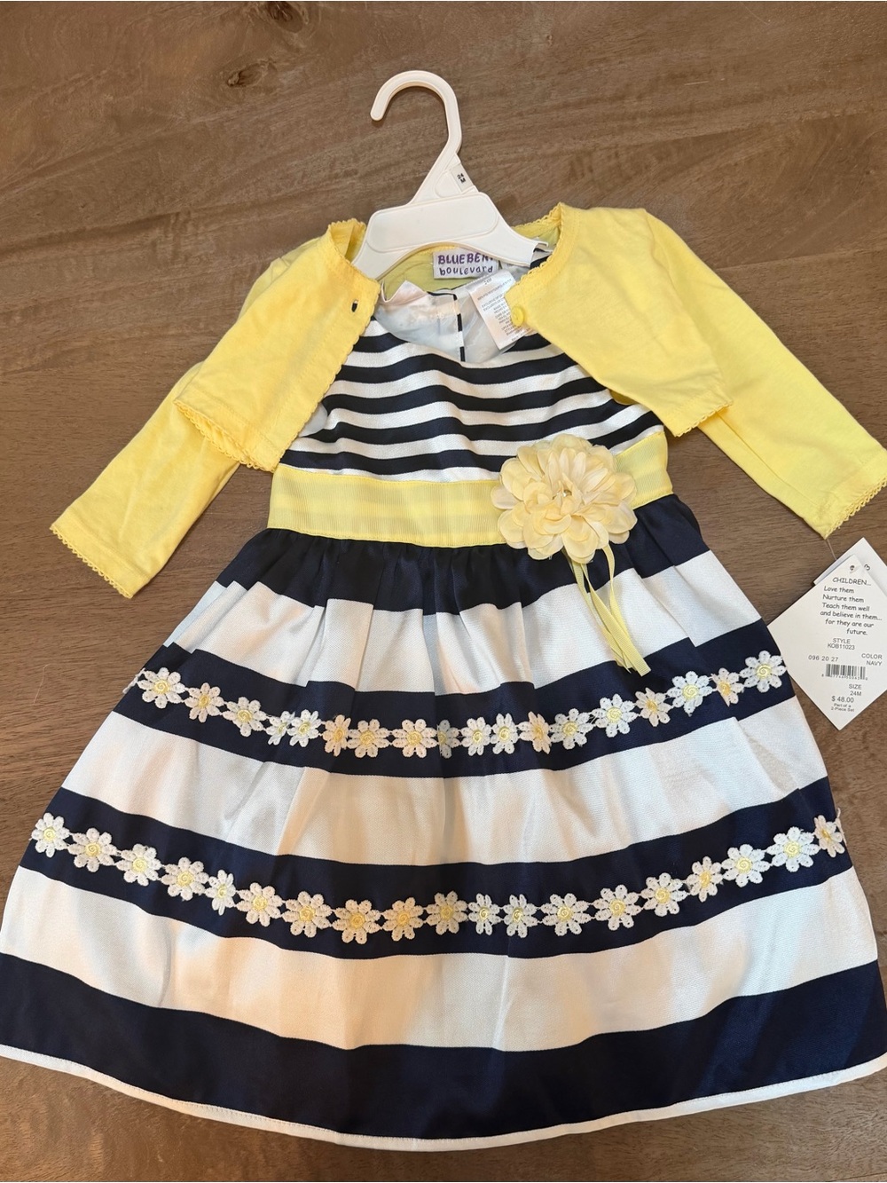 Blueberi Boulevard Yellow & Navy Striped Flower Party Dress with Shrug